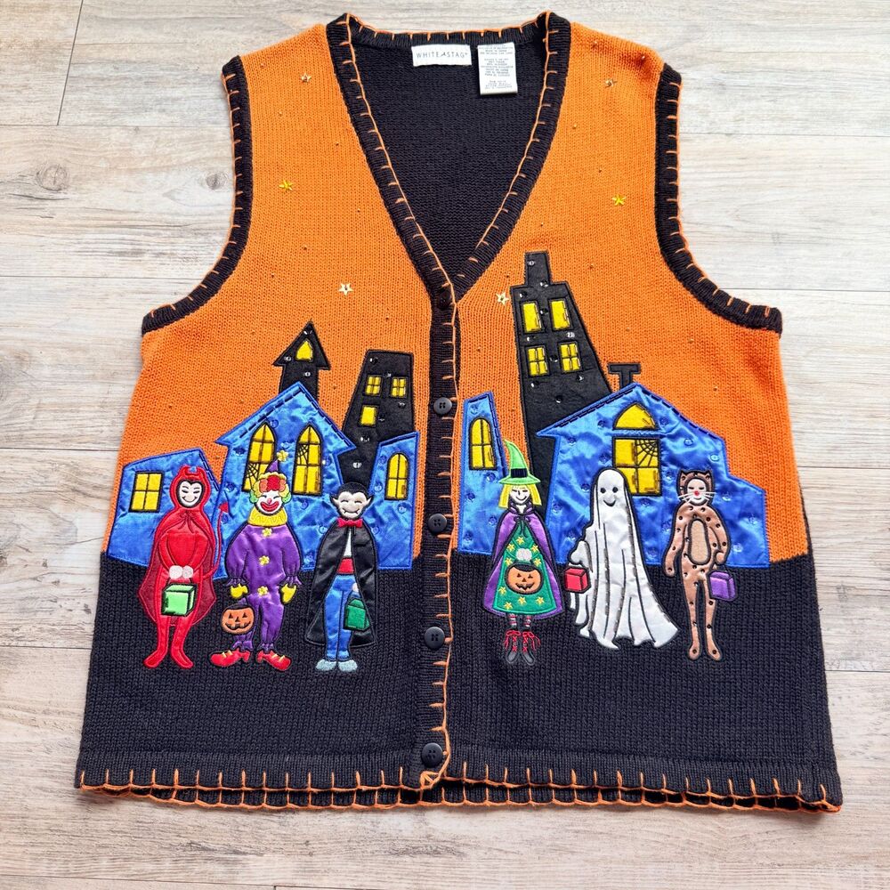 Vintage Halloween Sweater Vest Large Trick or Treat Haunted House 90s Kitschy